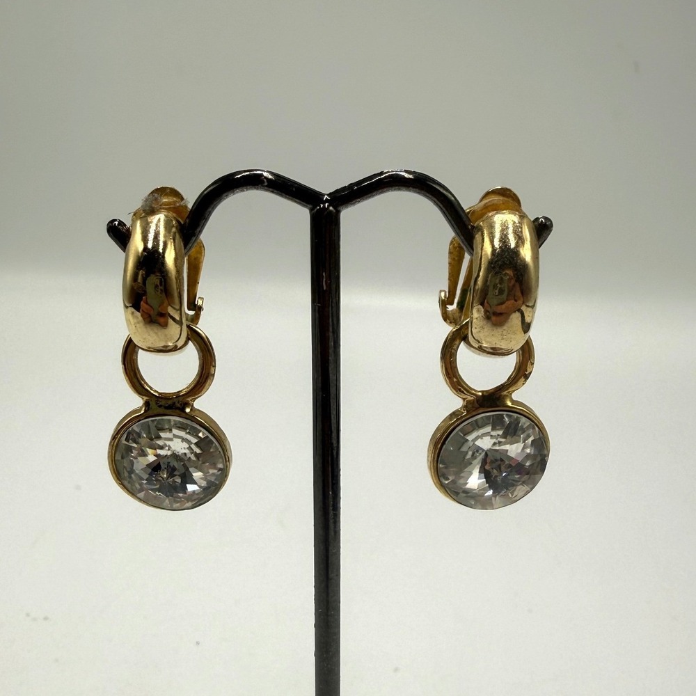 Vintage Gold Tone Crystal Dangle Clip On Earrings Huggie Hoop Clear Stone